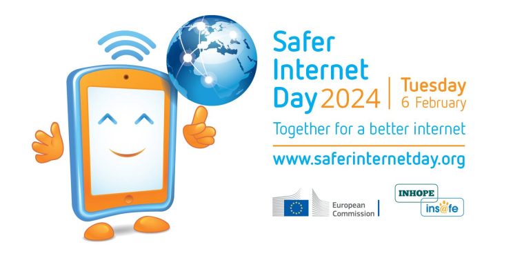 The safer internet day logo. A ttable or mobile phone, it is smiling and spinning the globe on it's finger like a basketball.