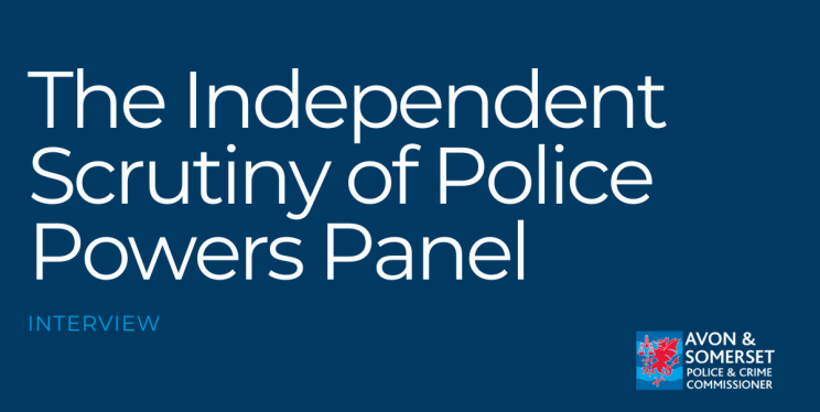 Wording on a blue background that says 'The independent scruitny of police powers panel: Interview