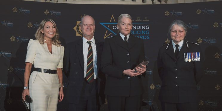 Left to right: Award compere Alex Lovell, Police and Crime Commissioner Mark Shelford, award winner Inspector Rachel Clark and Chief Constable Sarah Crew