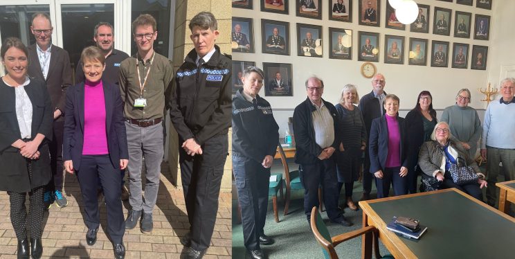 A collage of images of Clare meeting people including councillors and service delivery providers