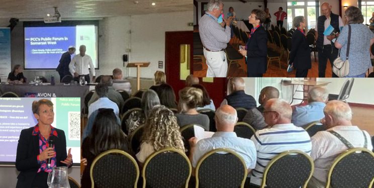 A collage of images - one of a hall with chairs and lots of people looking to the front. Another is of Clare with a microphone addressing people, and two others of Clare talking to people