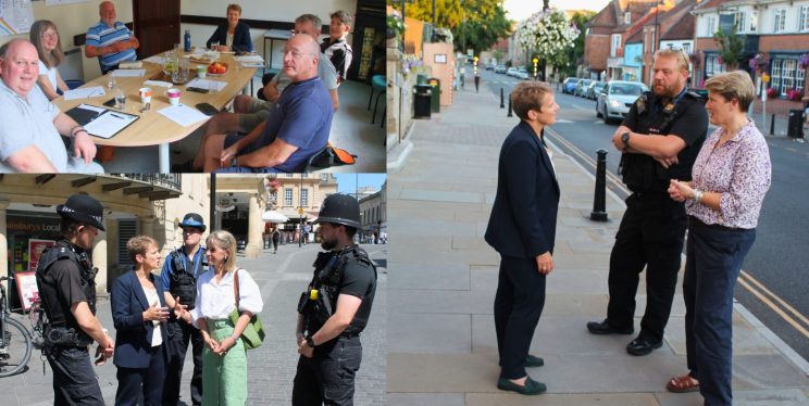 A collage of 3 images with Clare meeting people in Bath, Radstock and Glastonbury