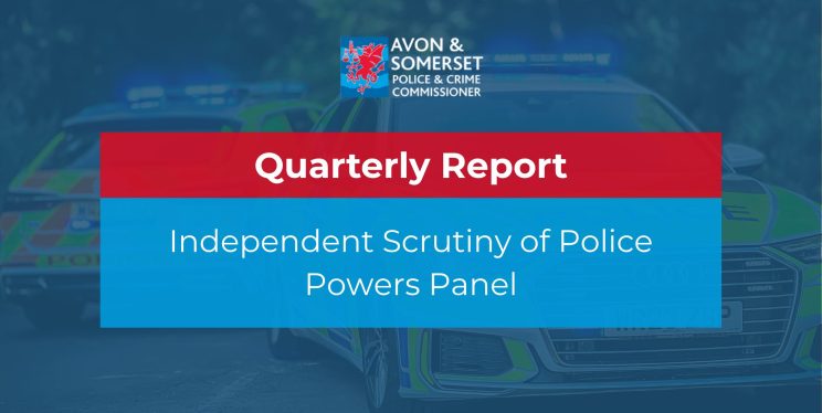 Text over an image of two police cars 'Quarterly Report: Independent Scrutiny of Police Powers Panel'